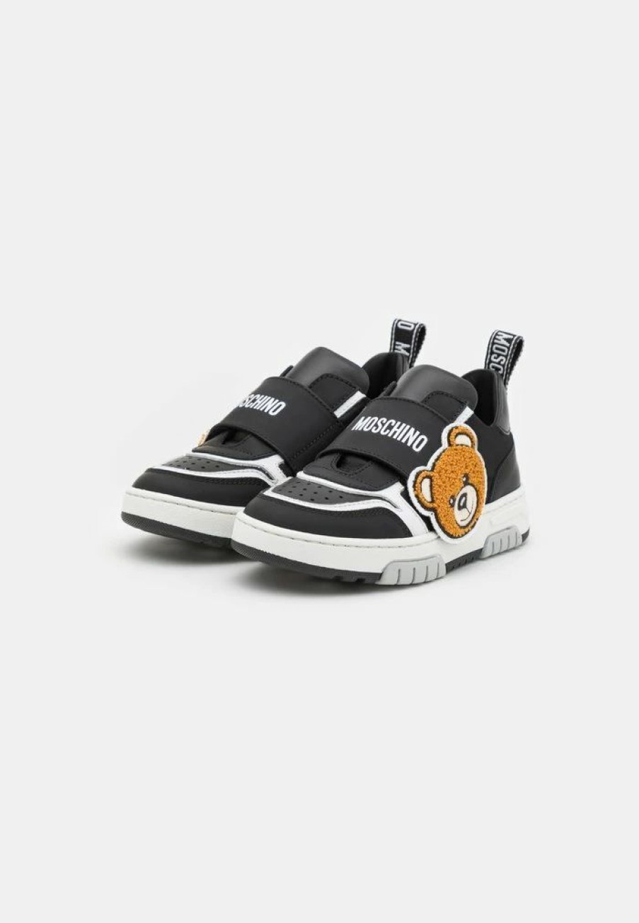 * | Moschino Box Sole Strap Teddy Bear Patch And Logo Print Unisex Trainers Black/White