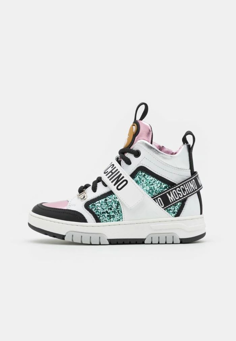 * | Moschino Box Sole Lace Strap Logo Tape And Logo Print High-Top Trainers Black/Pink/White/Green