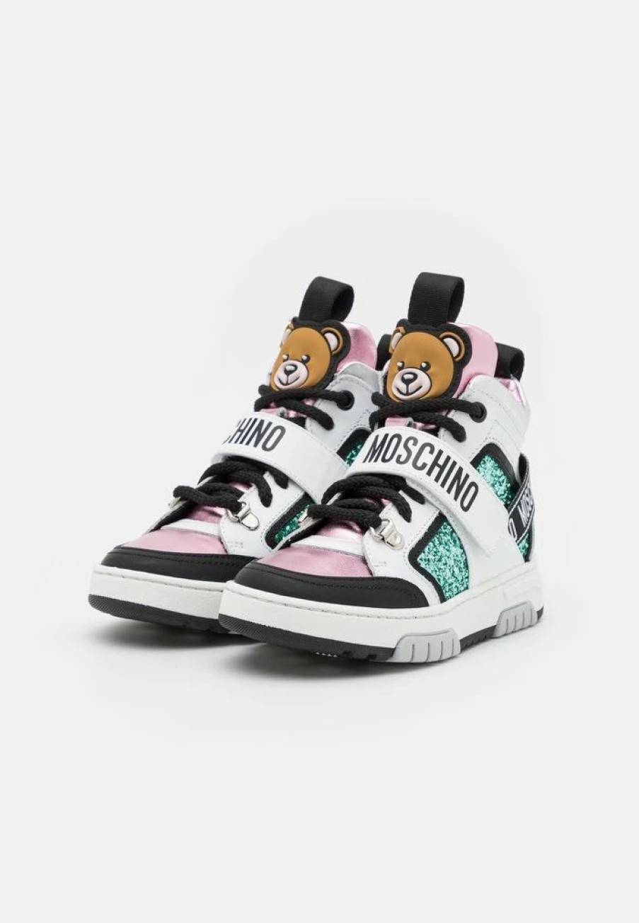 * | Moschino Box Sole Lace Strap Logo Tape And Logo Print High-Top Trainers Black/Pink/White/Green