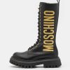 * | Moschino Combat High Boots Maxi Logo Print Lace-Up Boots Black