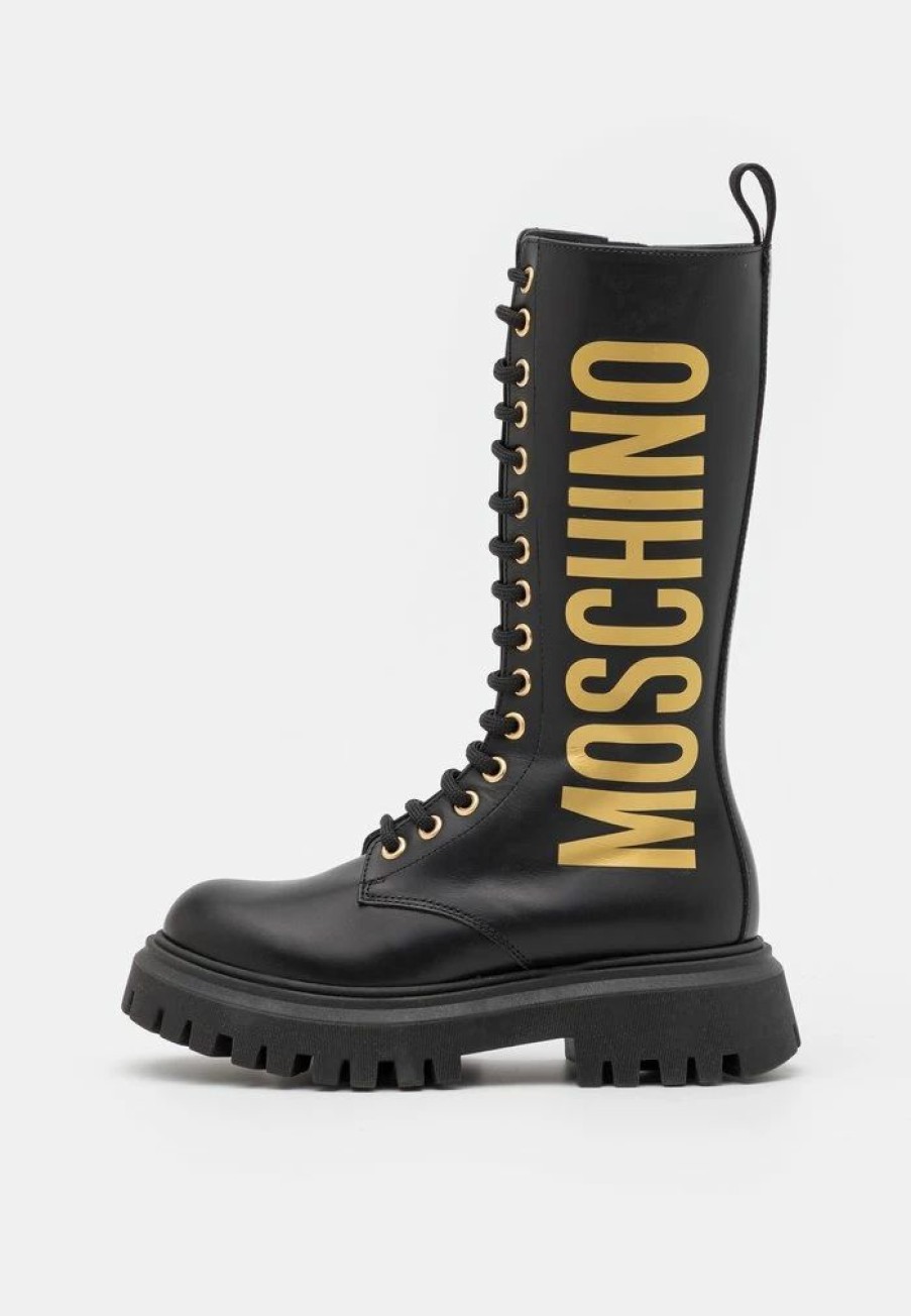 * | Moschino Combat High Boots Maxi Logo Print Lace-Up Boots Black