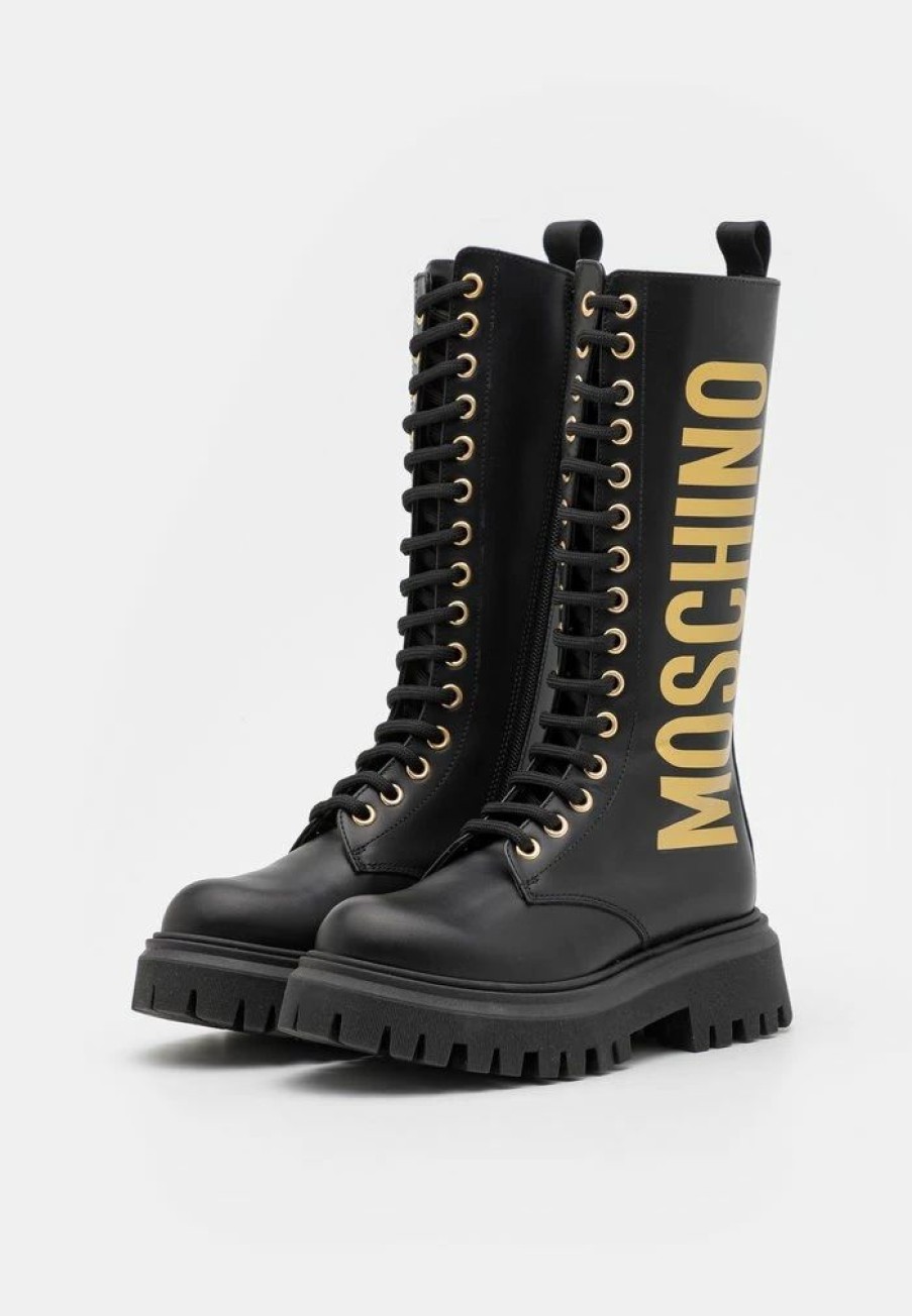 * | Moschino Combat High Boots Maxi Logo Print Lace-Up Boots Black