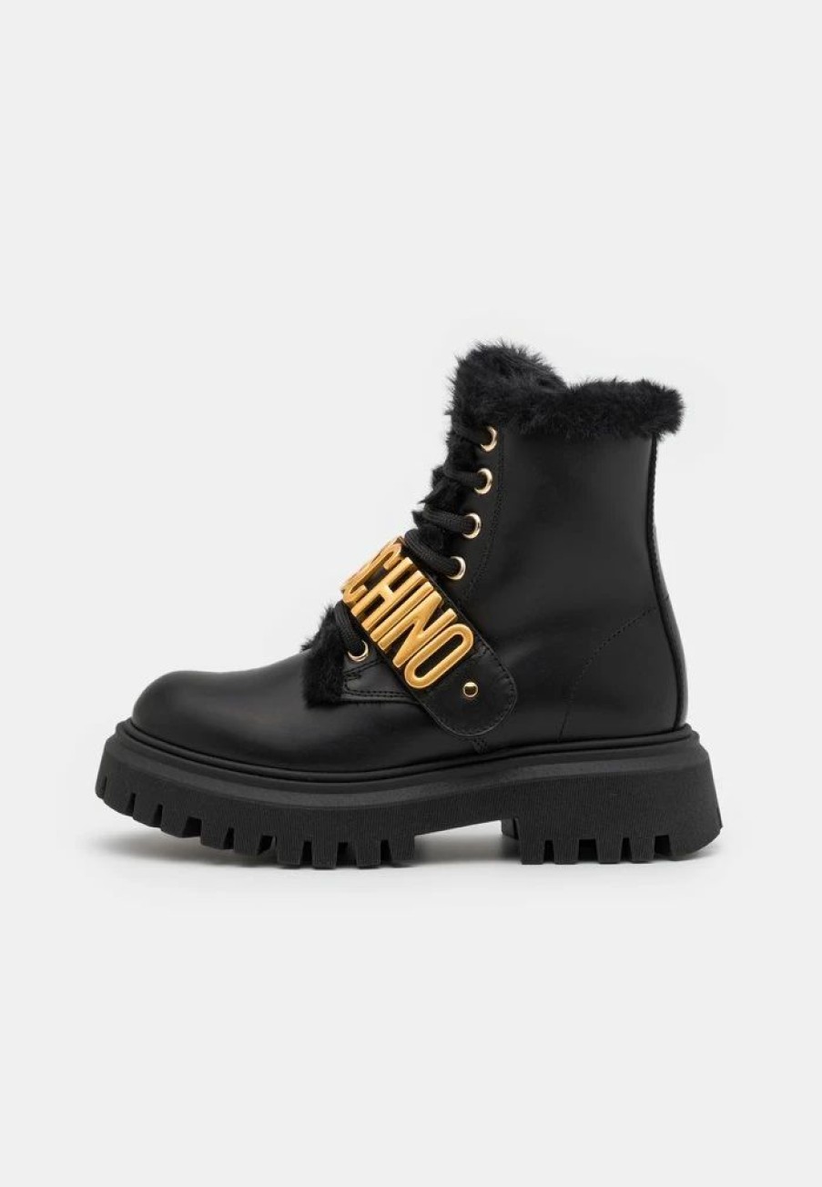 * | Moschino Combat Ankle Boots Galvanic Lettering Logo Lace-Up Ankle Boots Black