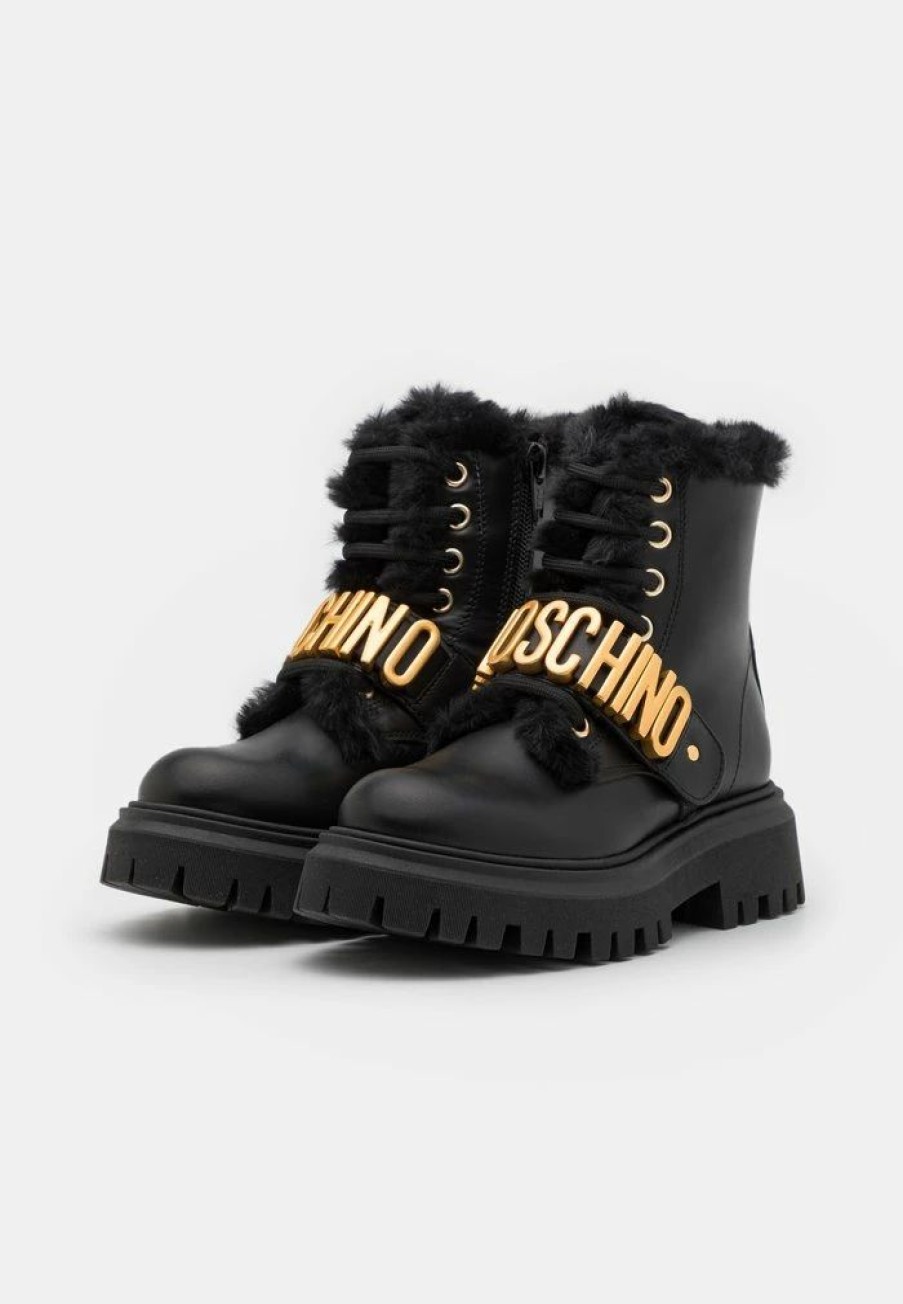 * | Moschino Combat Ankle Boots Galvanic Lettering Logo Lace-Up Ankle Boots Black