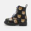 * | Moschino Combat Teddy Bear All Over Print Lace-Up Ankle Boots Black