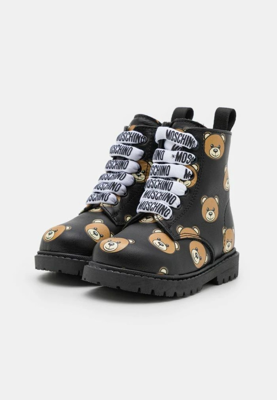 * | Moschino Combat Teddy Bear All Over Print Lace-Up Ankle Boots Black