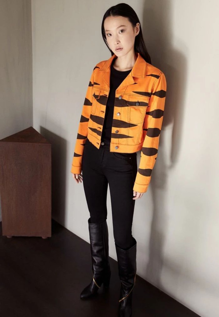 * | Moschino Stamp Look Tiger On Stretch Denim Jacket Orange