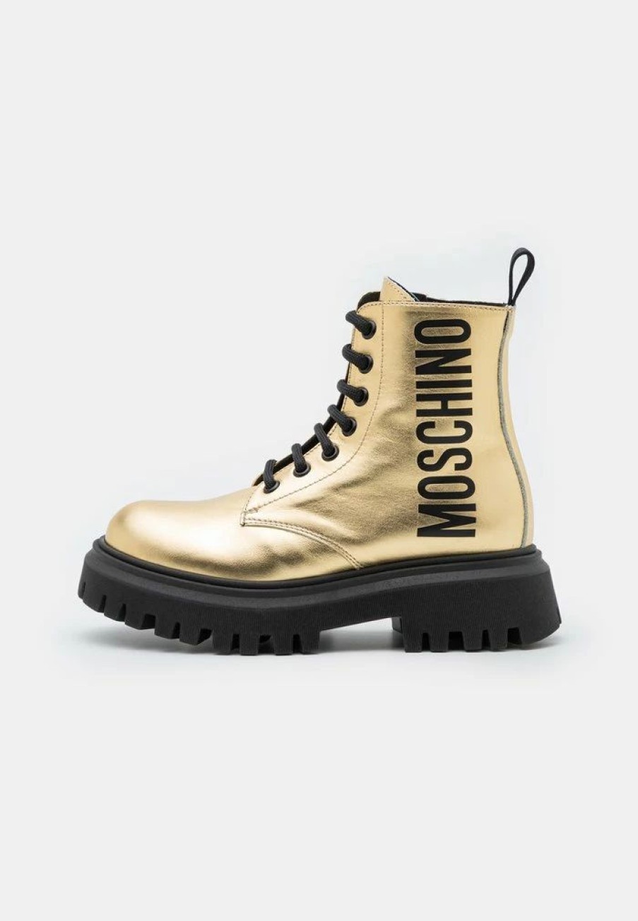 * | Moschino Combat Boots Maxi Logo Print Lace-Up Ankle Boots Gold