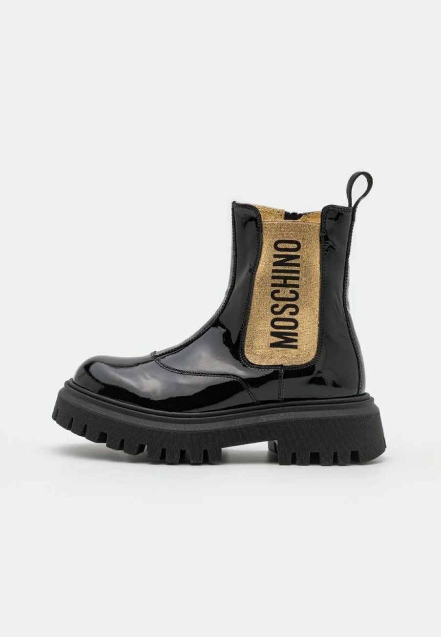 * | Moschino Beatles Elastic Band Logo Print Classic Ankle Boots Black