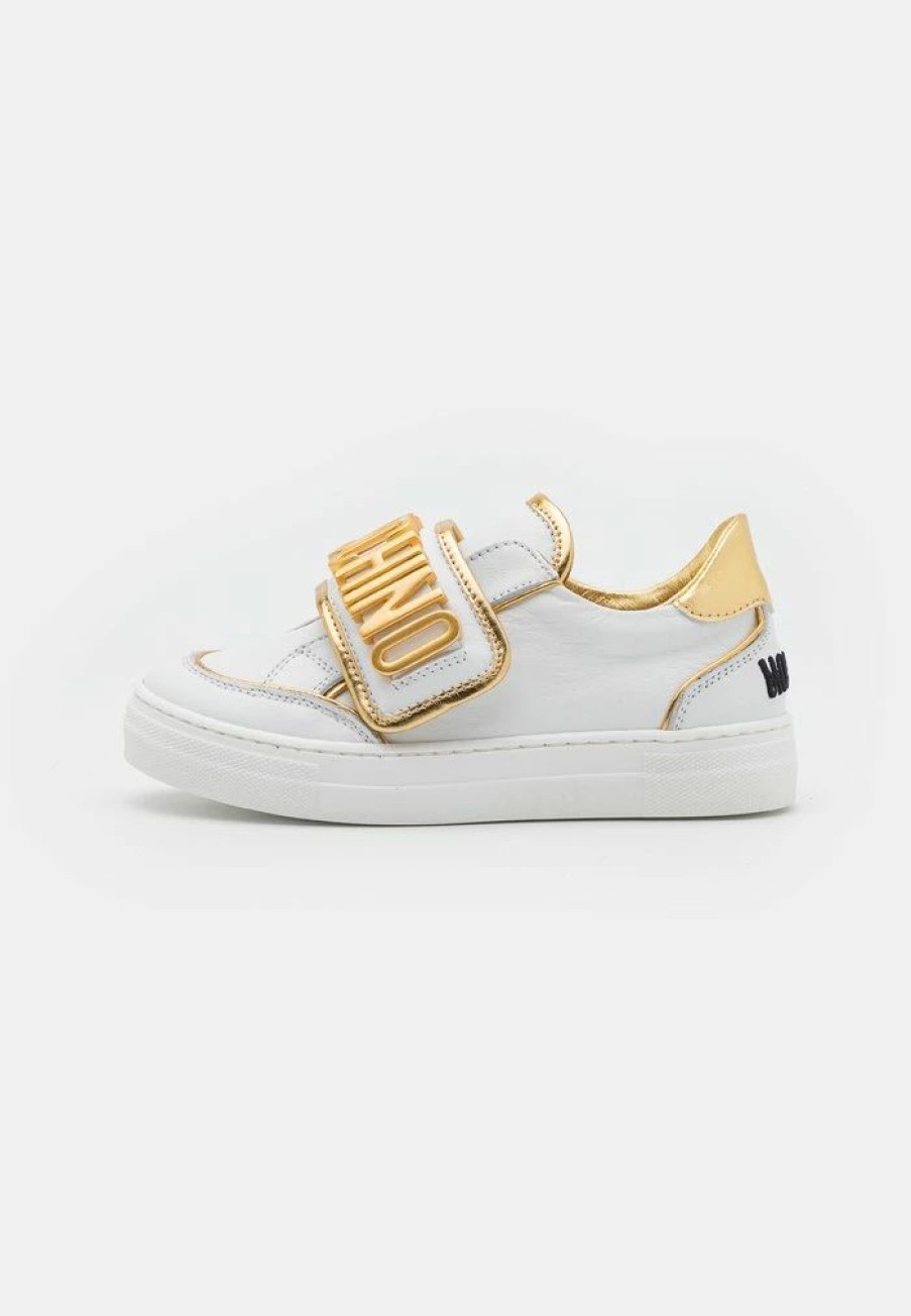 * | Moschino Box Sole Strap Galvanic Lettering Logo Trainers White/Gold