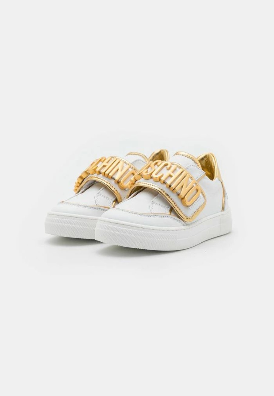 * | Moschino Box Sole Strap Galvanic Lettering Logo Trainers White/Gold