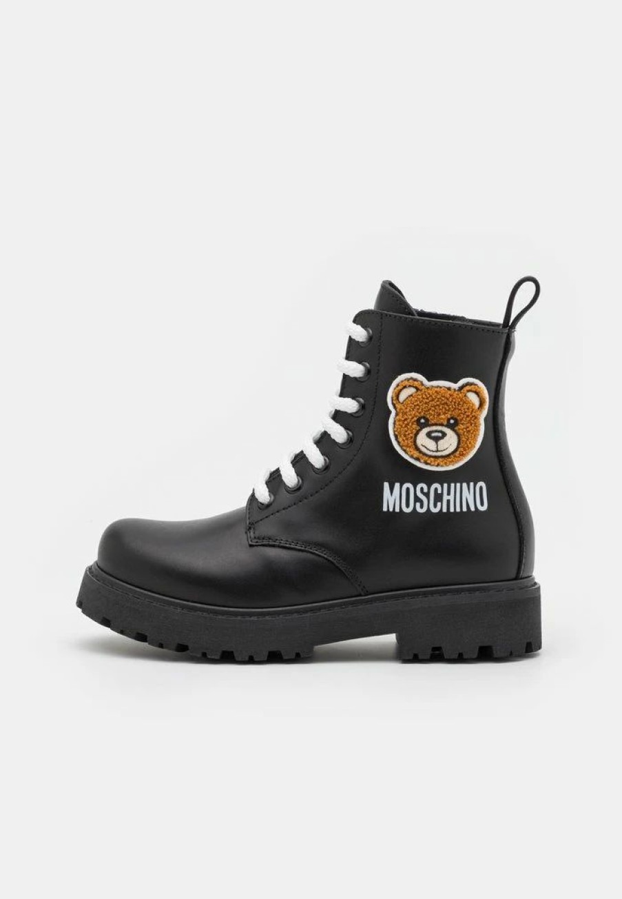 * | Moschino Combat Teddy Bear Patch And Logo Print Lace-Up Ankle Boots Black