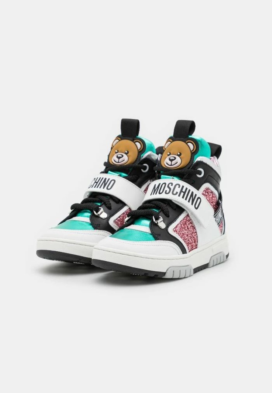 * | Moschino Box Sole Lace Strap Logo Tape And Logo Print High-Top Trainers White/Light Blue/Black/Pink