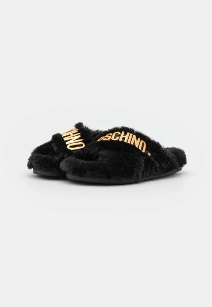 * | Moschino Fusbet Cross Galvanic Lettering Logo Slippers Black